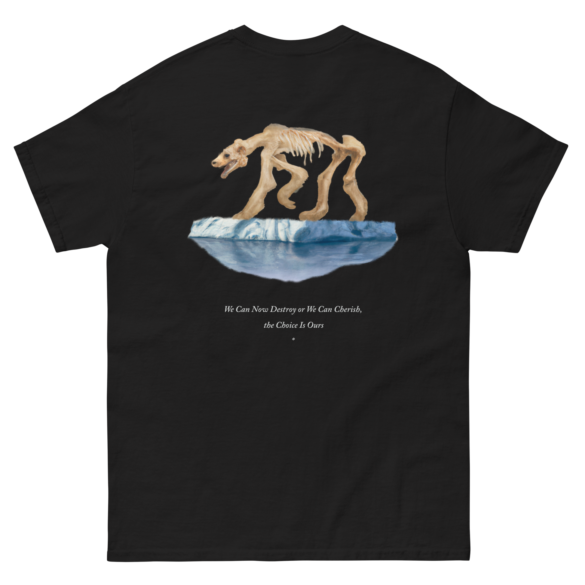 100% cotton nature-inspired black t-shirt featuring a polar bear on ice