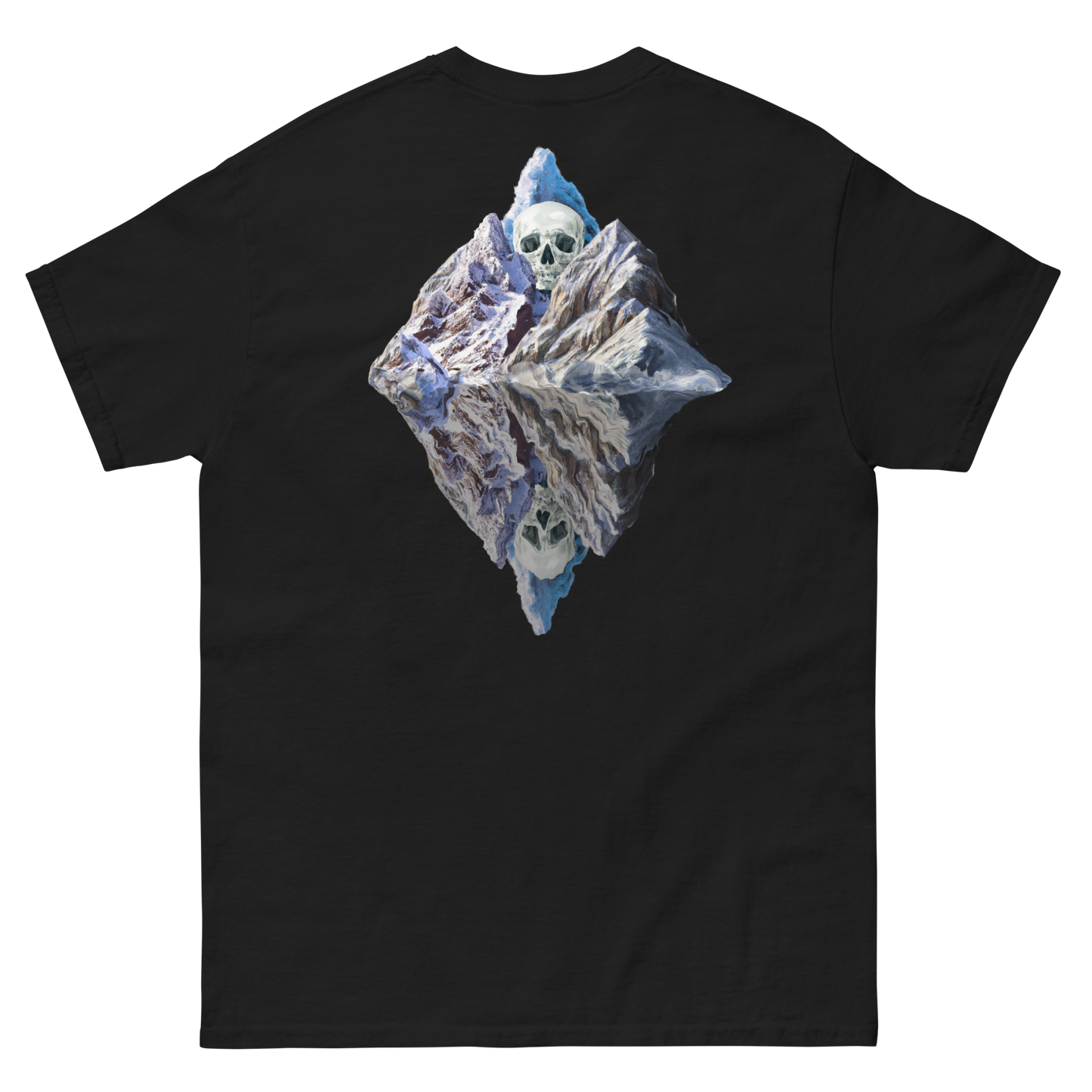 100% cotton nature-inspired black t-shirt featuring a melting glacier with a skull