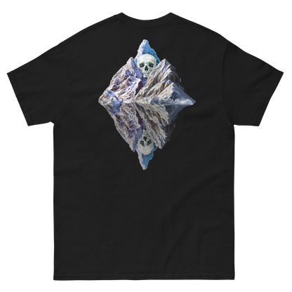 100% cotton nature-inspired black t-shirt featuring a melting glacier with a skull