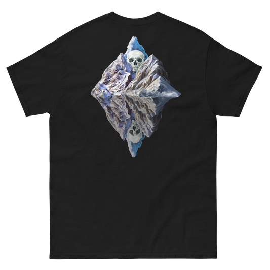 100% cotton nature-inspired black t-shirt featuring a melting glacier with a skull