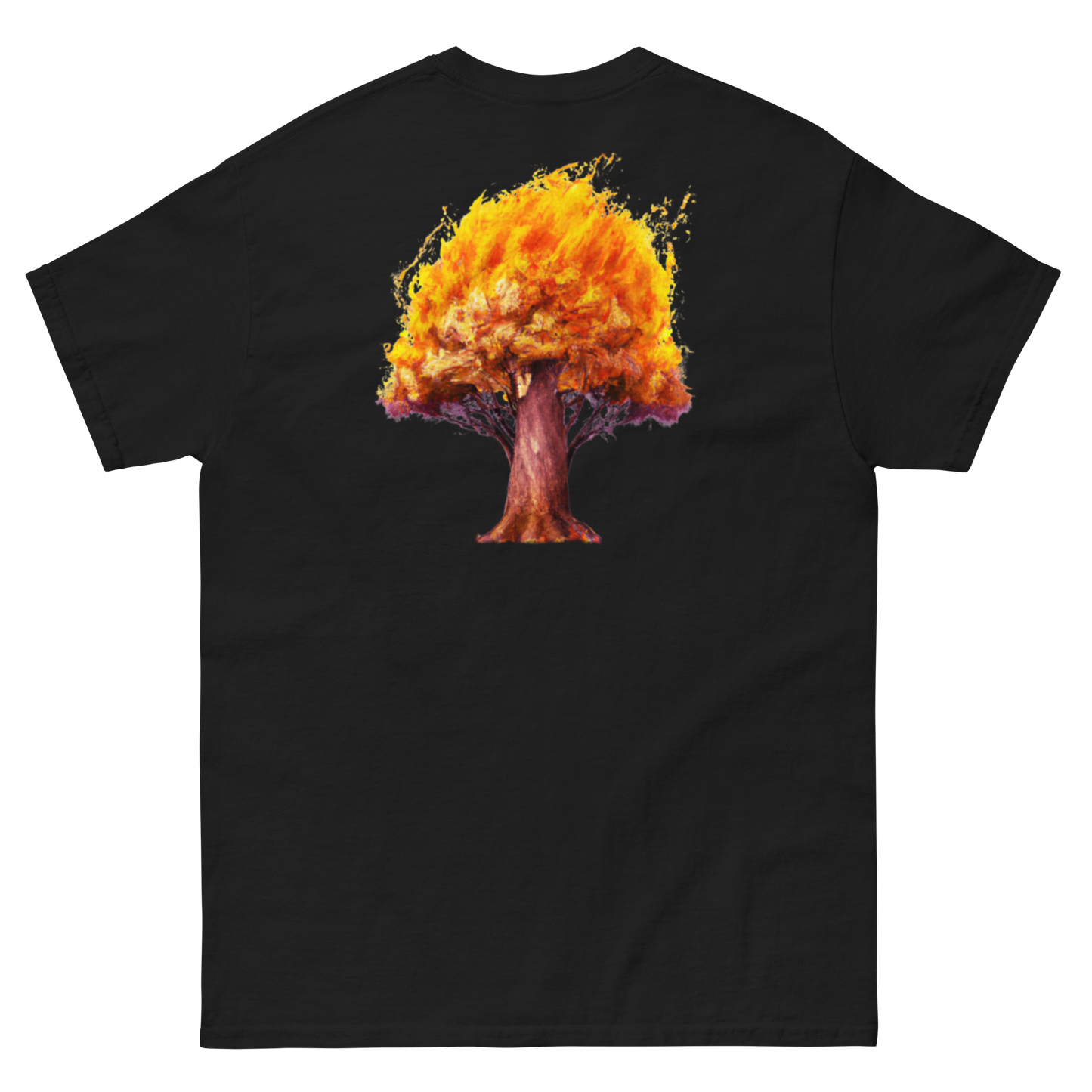 100% cotton nature-inspired black t-shirt featuring a burning tree