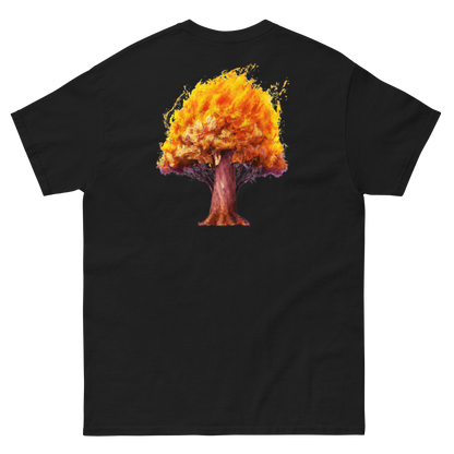 100% cotton nature-inspired black t-shirt featuring a burning tree