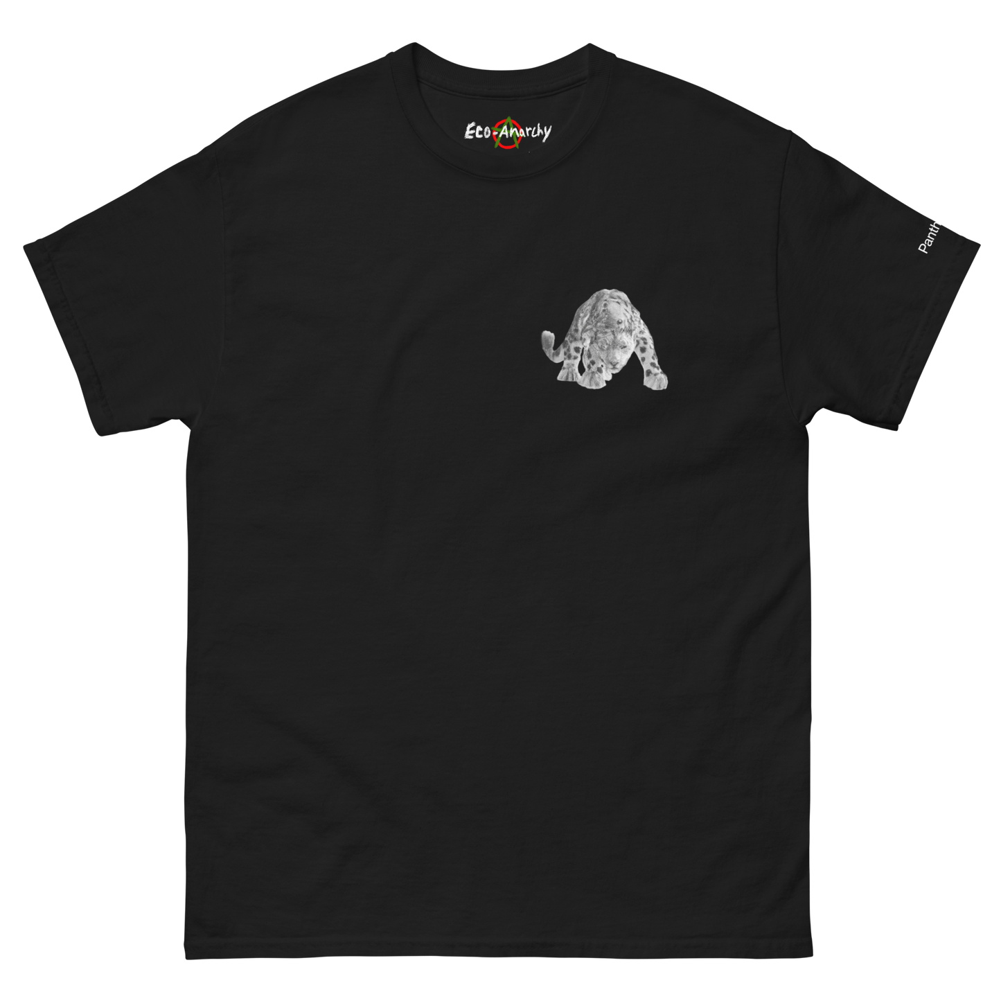 100% cotton nature-inspired black t-shirt featuring a snow leopard