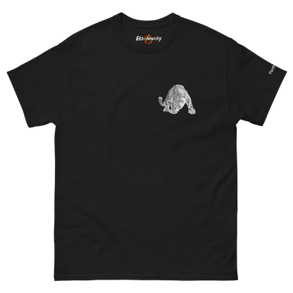 100% cotton nature-inspired black t-shirt featuring a snow leopard