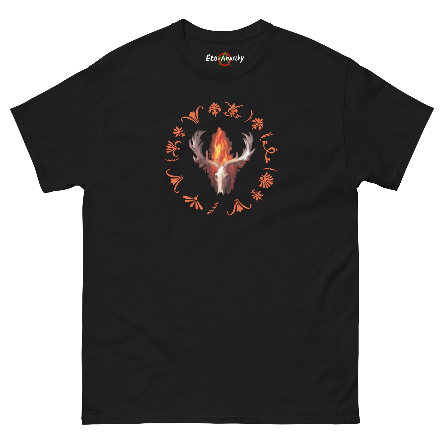 100% cotton nature-inspired black t-shirt featuring an animal skull with flames