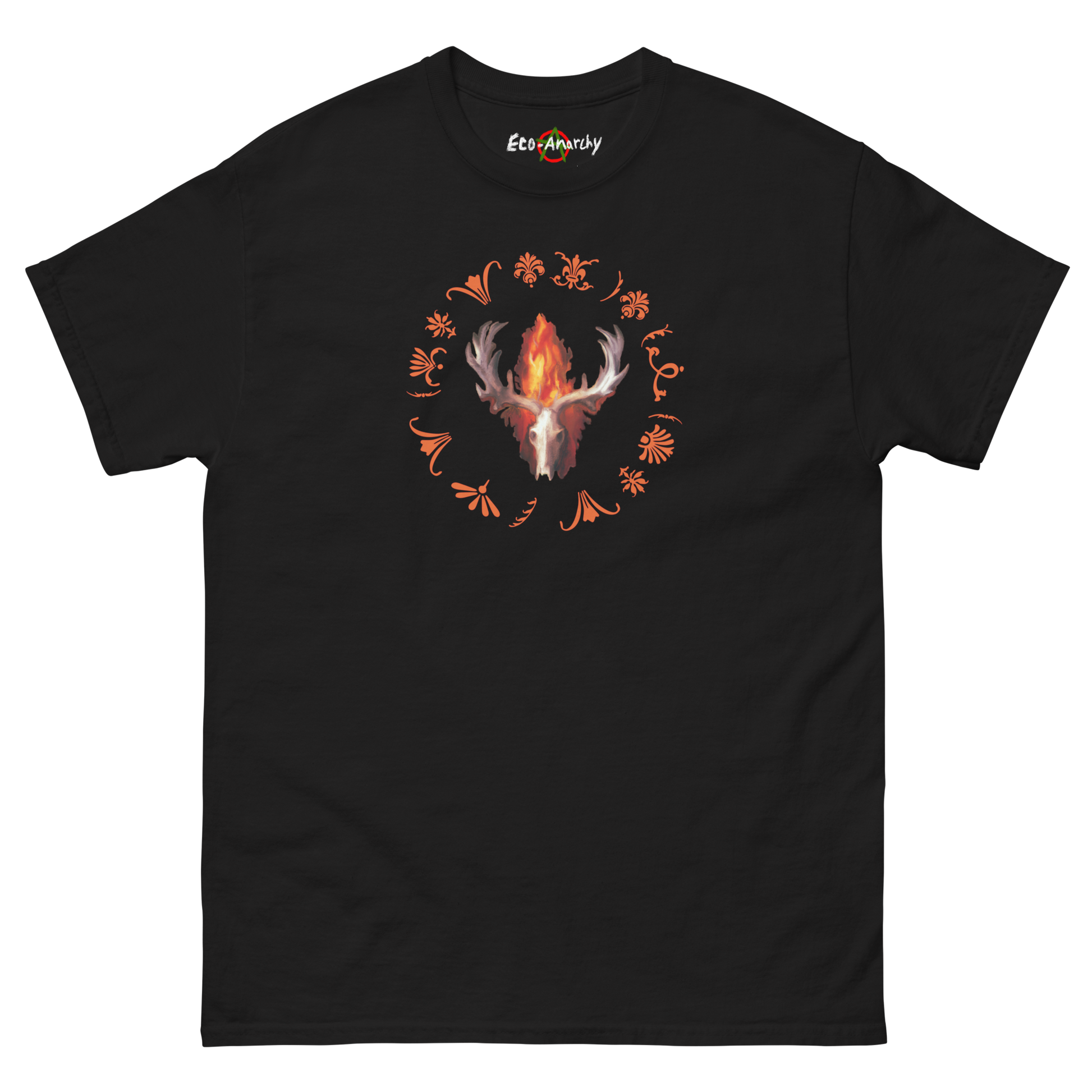 100% cotton nature-inspired black t-shirt featuring an animal skull with flames