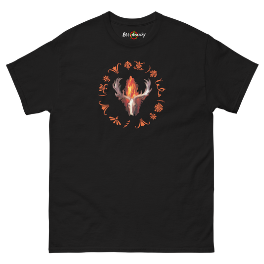 100% cotton nature-inspired black t-shirt featuring an animal skull with flames