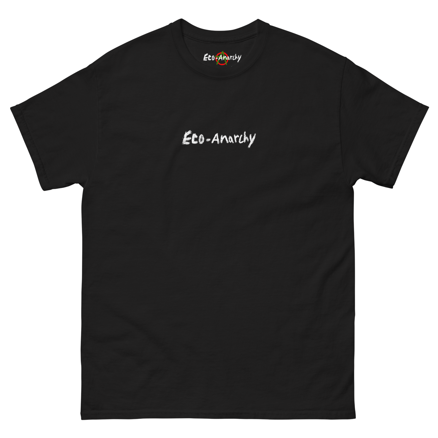 100% cotton nature-inspired black t-shirt that says eco-anarchy on the front