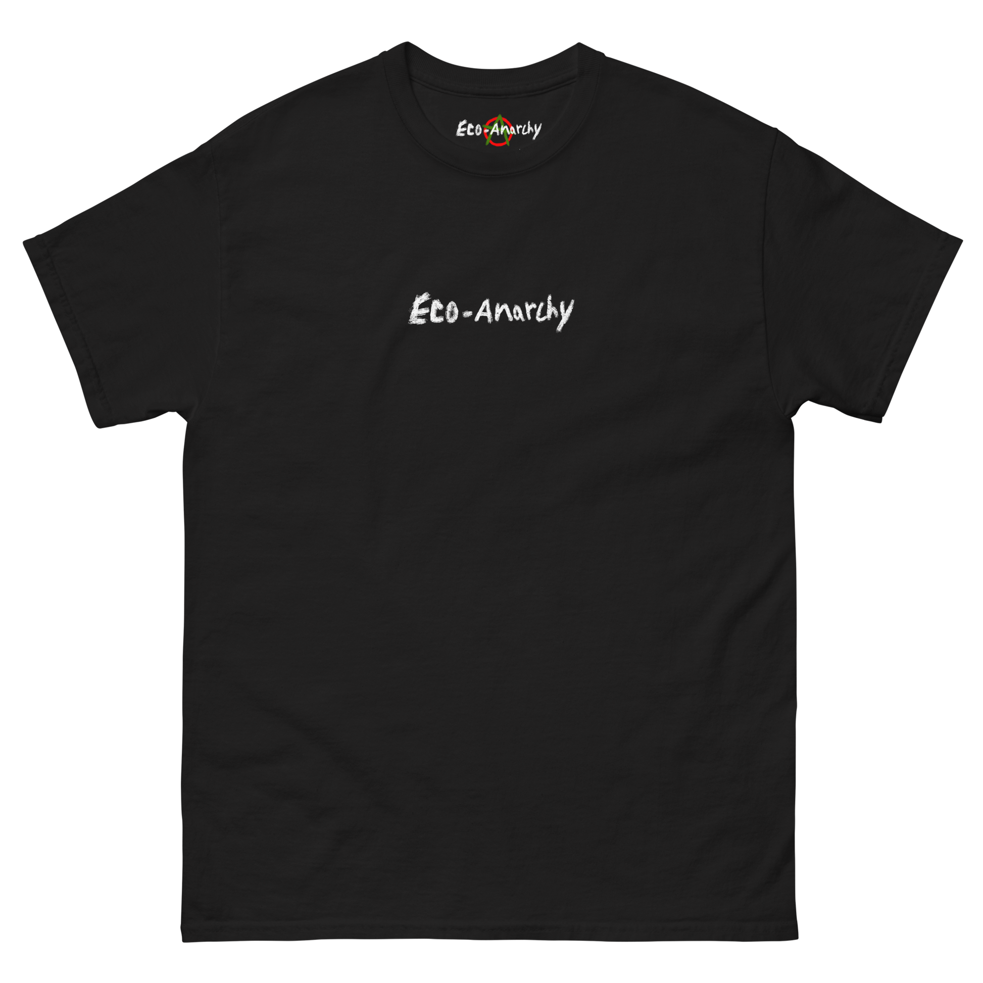 100% cotton nature-inspired black t-shirt that says eco-anarchy on the front