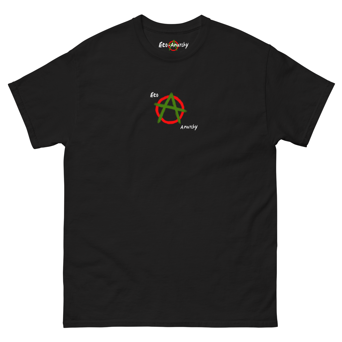 100% cotton nature-inspired black t-shirt with an anarchy symbol and the words eco anarchy on it