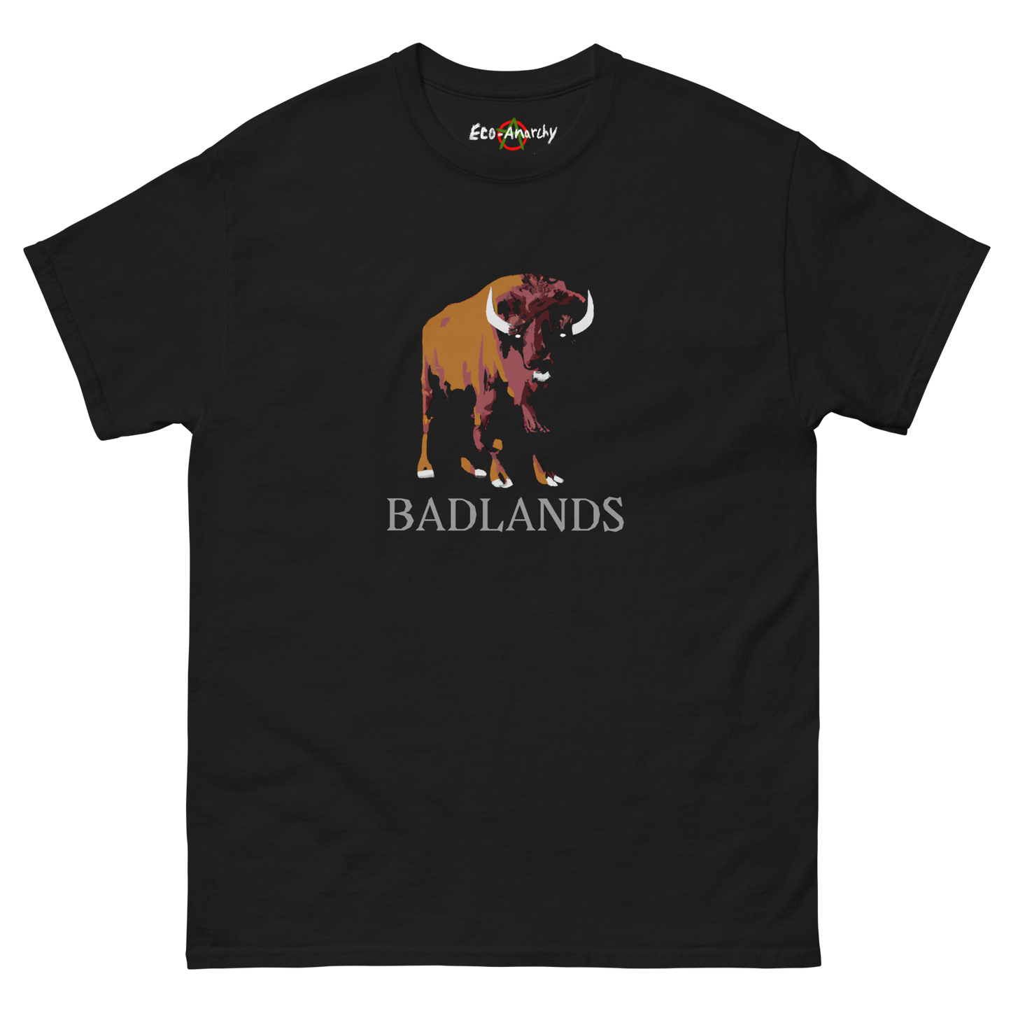 100% cotton nature-inspired black t-shirt that says Badlands on the front with an image of a buffalo