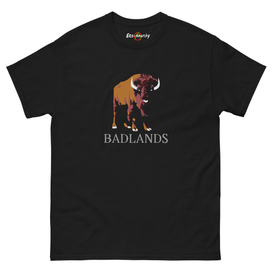 100% cotton nature-inspired black t-shirt that says Badlands on the front with an image of a buffalo