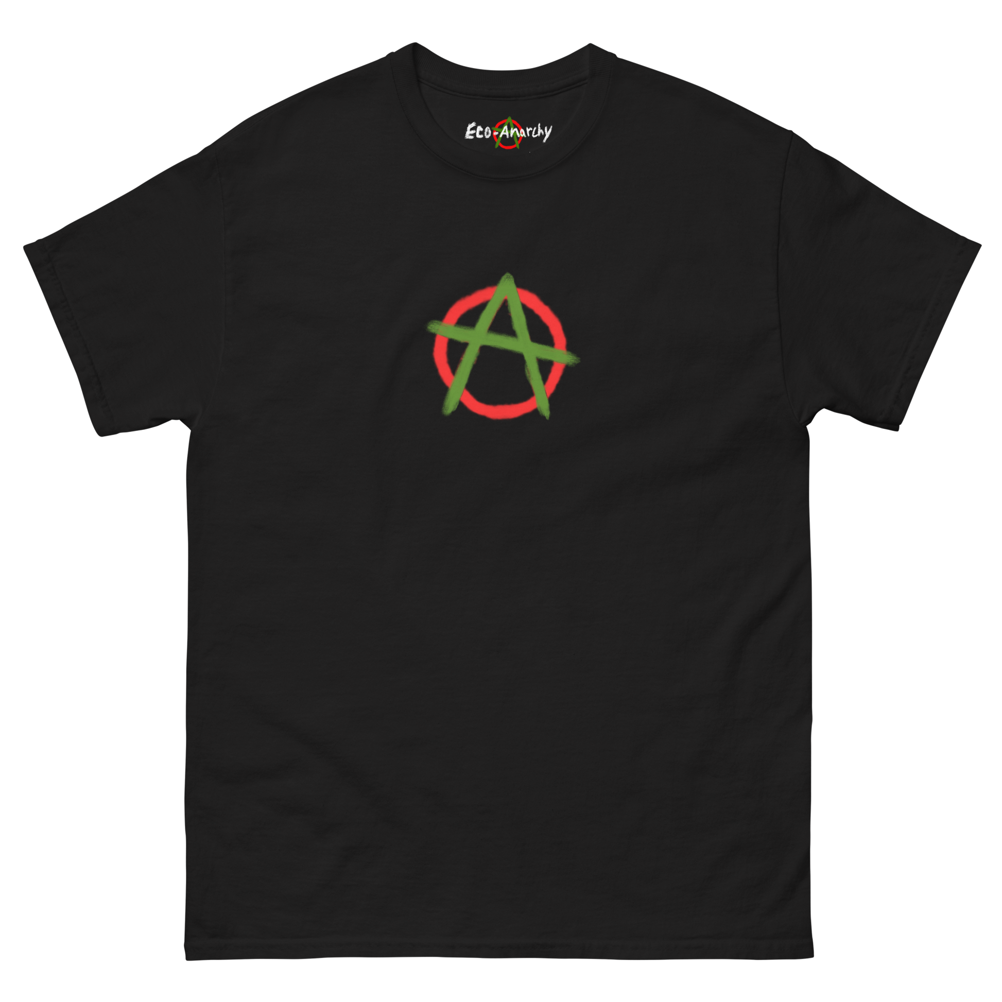 100% cotton nature-inspired black t-shirt featuring an anarchy symbol