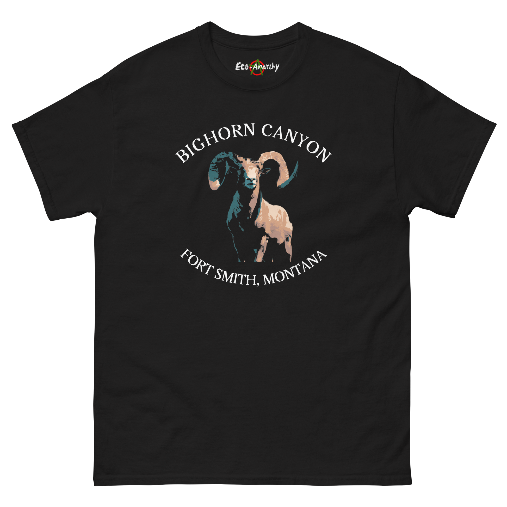 100% cotton nature-inspired black t-shirt that says Bighorn Canyon on the front with an image of a bighorn sheep