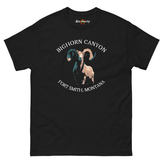 100% cotton nature-inspired black t-shirt that says Bighorn Canyon on the front with an image of a bighorn sheep