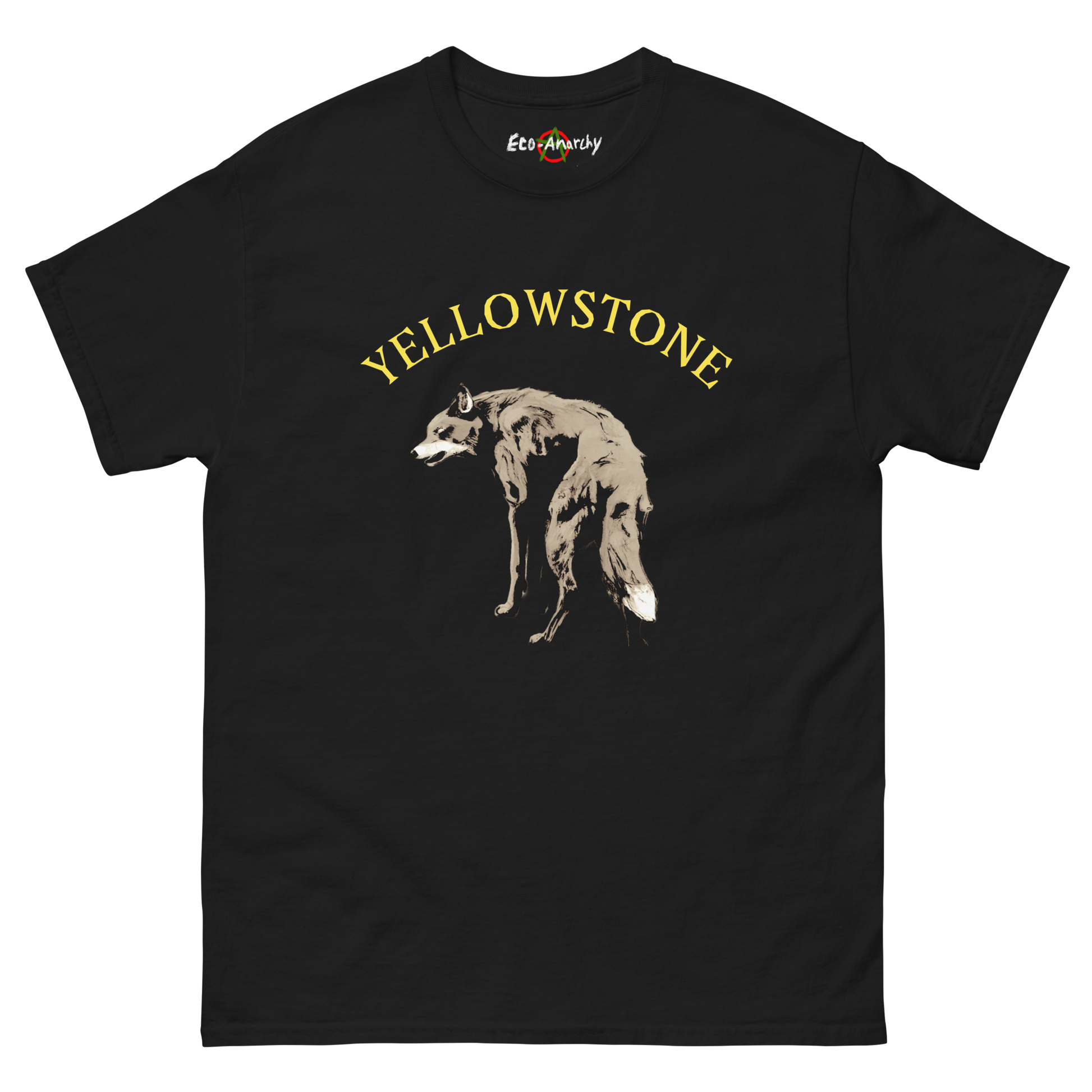 100% cotton nature-inspired black t-shirt that says Yellowstone on the front with an image of a wolf