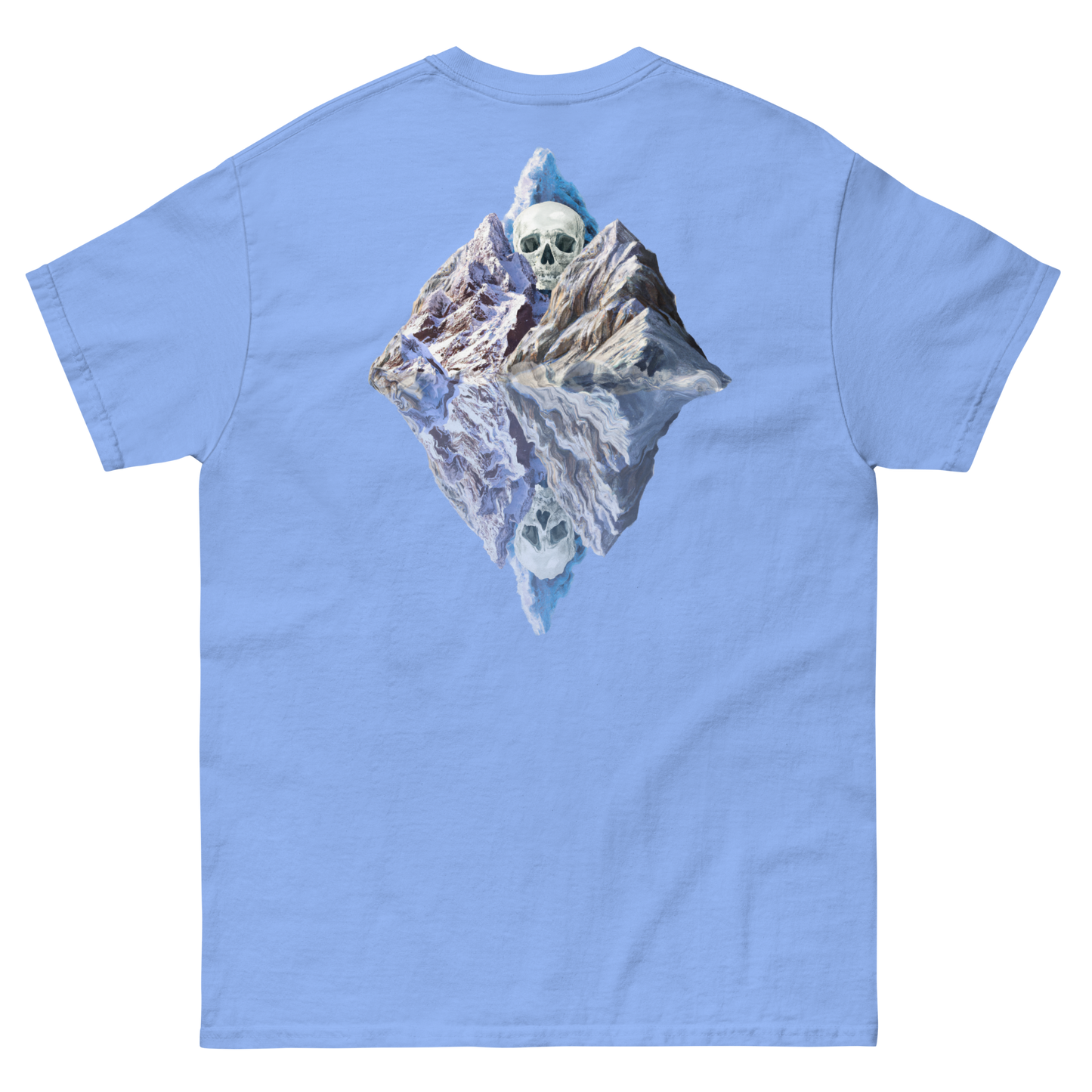 100% cotton nature-inspired blue t-shirt featuring a melting glacier with a skull