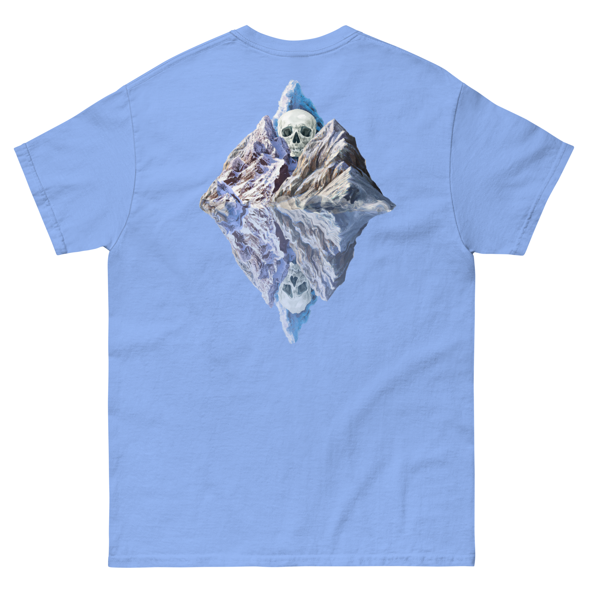 100% cotton nature-inspired blue t-shirt featuring a melting glacier with a skull