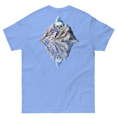 100% cotton nature-inspired blue t-shirt featuring a melting glacier with a skull