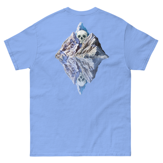 100% cotton nature-inspired blue t-shirt featuring a melting glacier with a skull