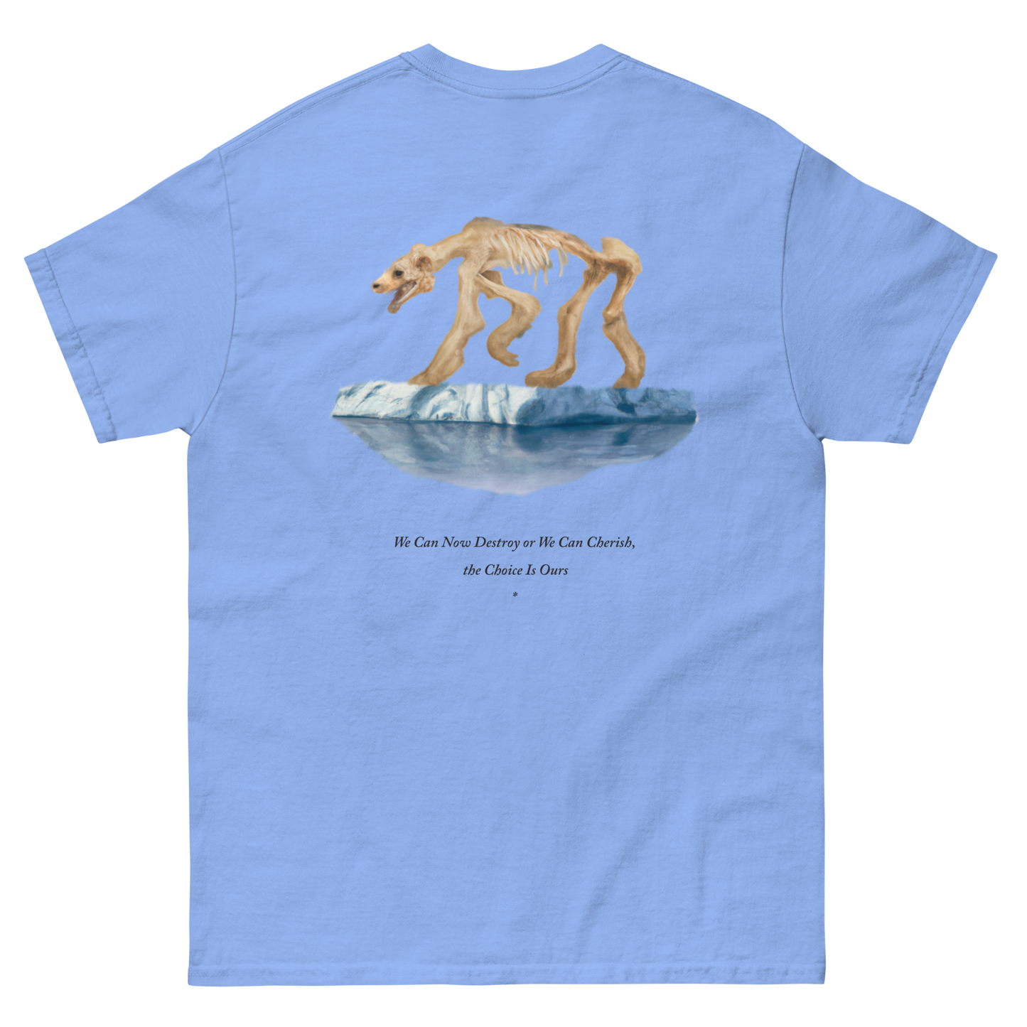 100% cotton nature-inspired blue t-shirt featuring a polar bear on ice