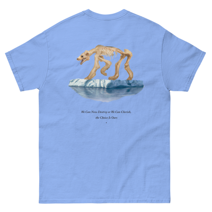 100% cotton nature-inspired blue t-shirt featuring a polar bear on ice