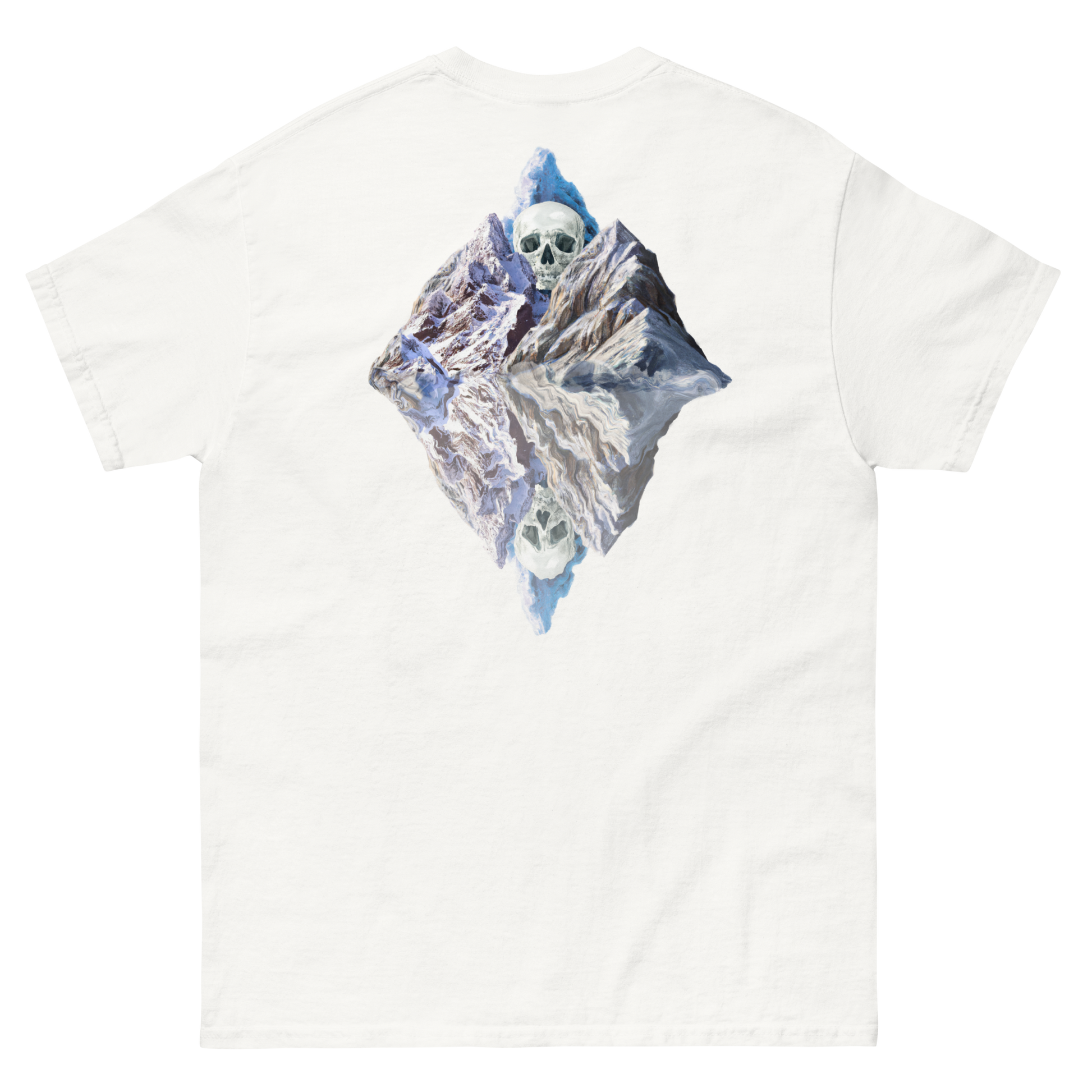 100% cotton nature-inspired white t-shirt featuring a melting glacier with a skull