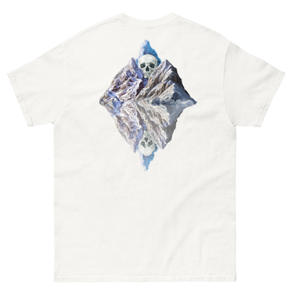 100% cotton nature-inspired white t-shirt featuring a melting glacier with a skull