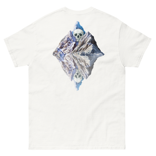 100% cotton nature-inspired white t-shirt featuring a melting glacier with a skull