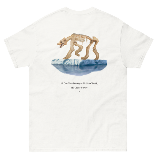 100% cotton nature-inspired white t-shirt featuring a polar bear on ice