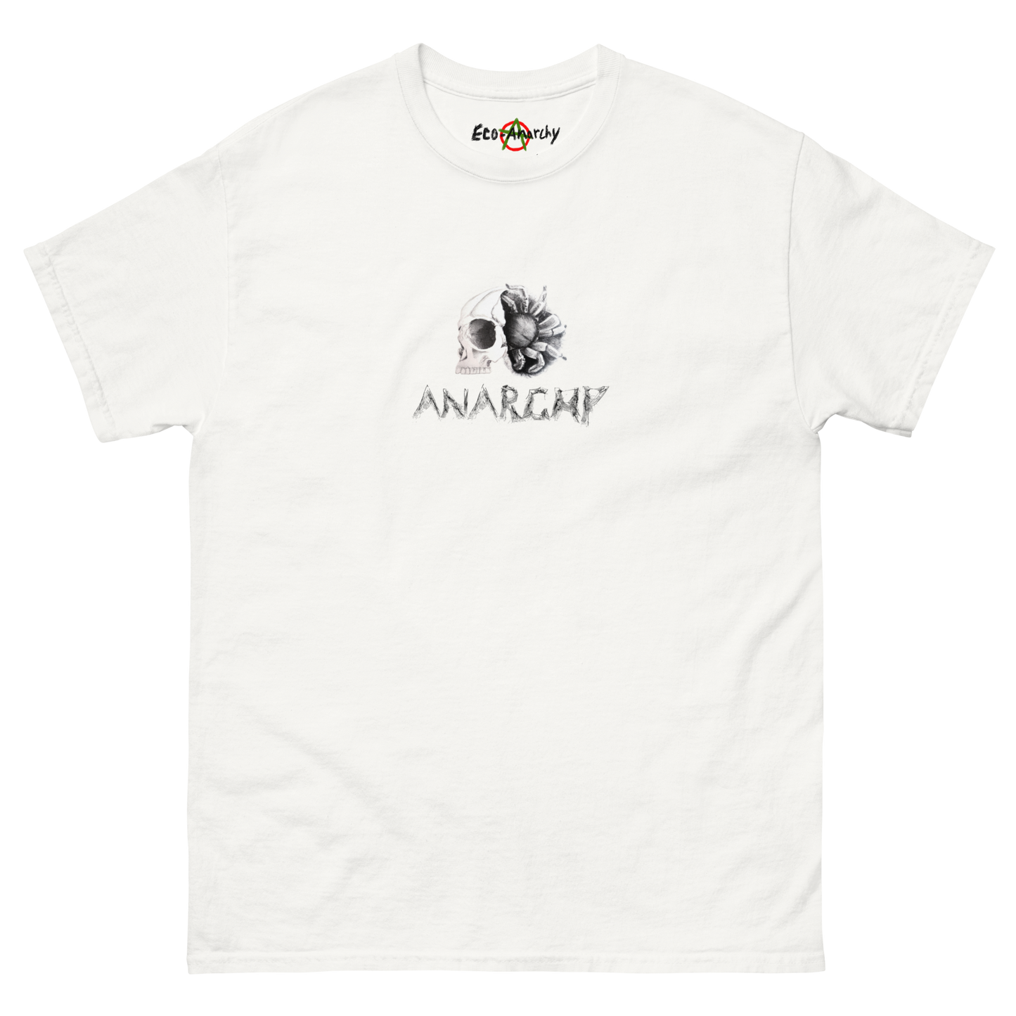 100% cotton nature-inspired white t-shirt featuring a skull with a spider in it