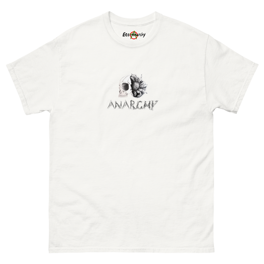 100% cotton nature-inspired white t-shirt featuring a skull with a spider in it