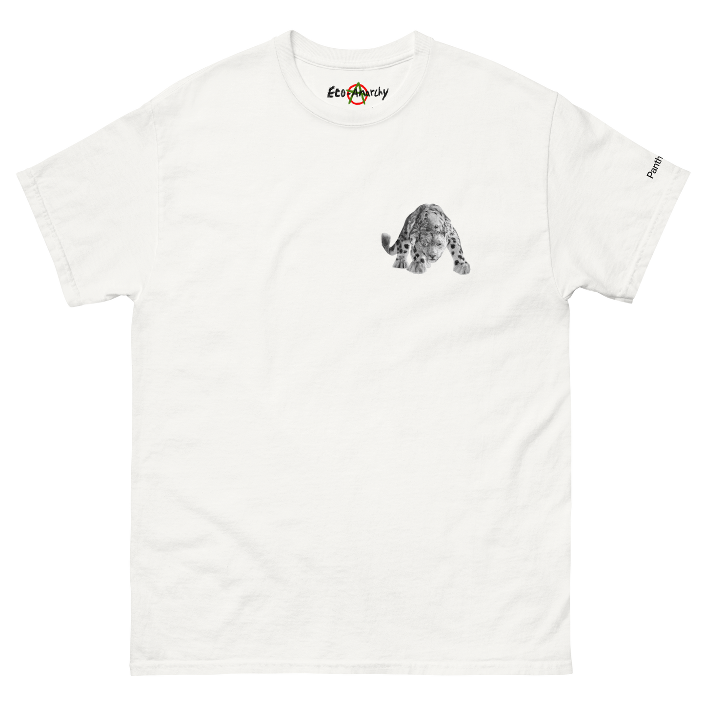 100% cotton nature-inspired white t-shirt featuring a snow leopard