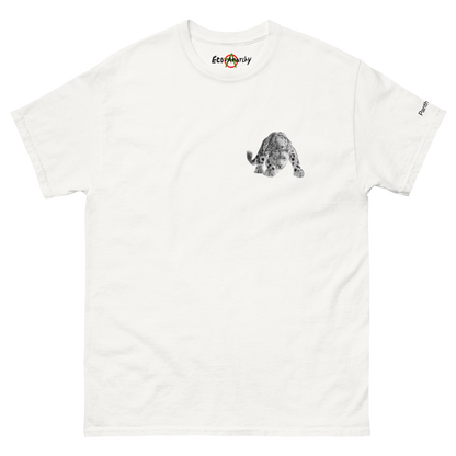 100% cotton nature-inspired white t-shirt featuring a snow leopard