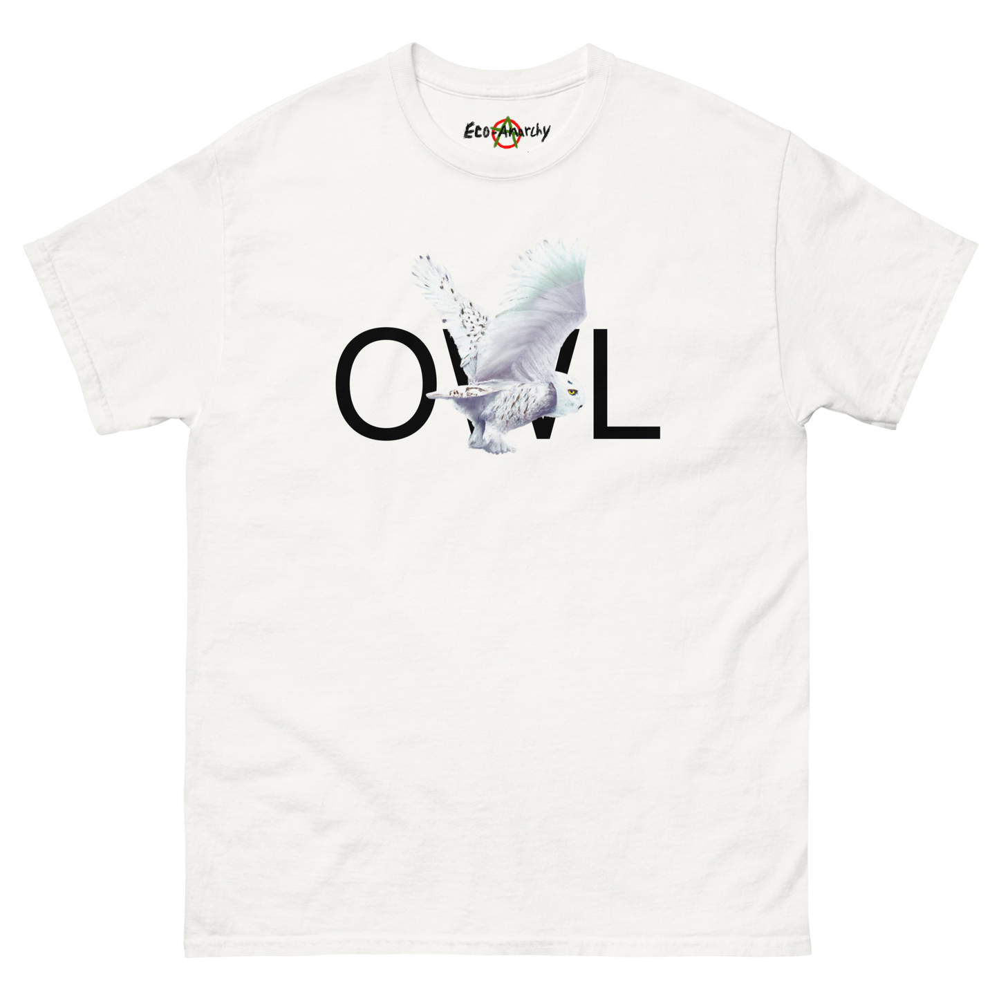 100% cotton nature-inspired white t-shirt featuring a snowy owl