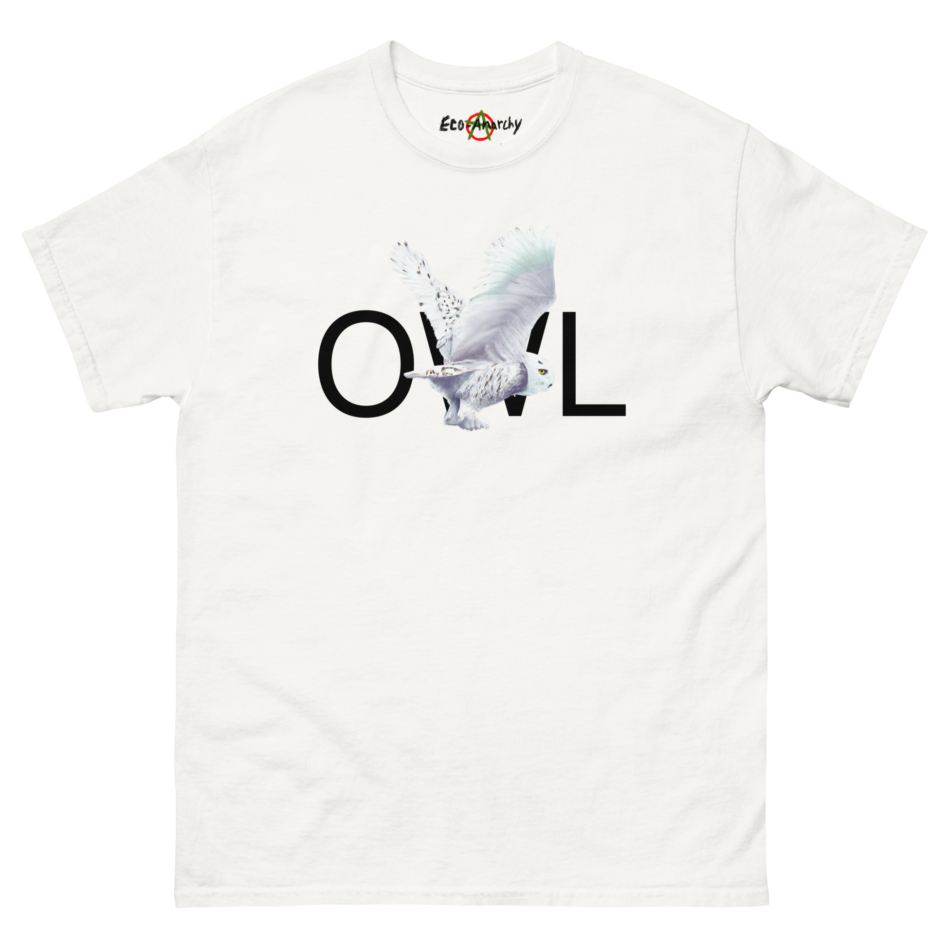 100% cotton nature-inspired white t-shirt featuring a snowy owl