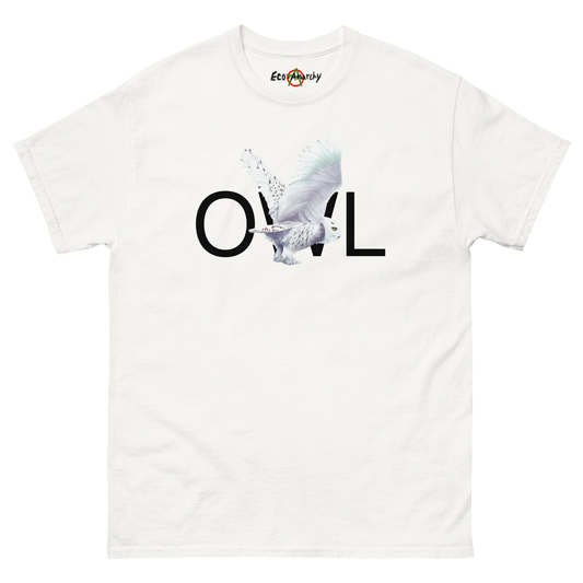 100% cotton nature-inspired white t-shirt featuring a snowy owl