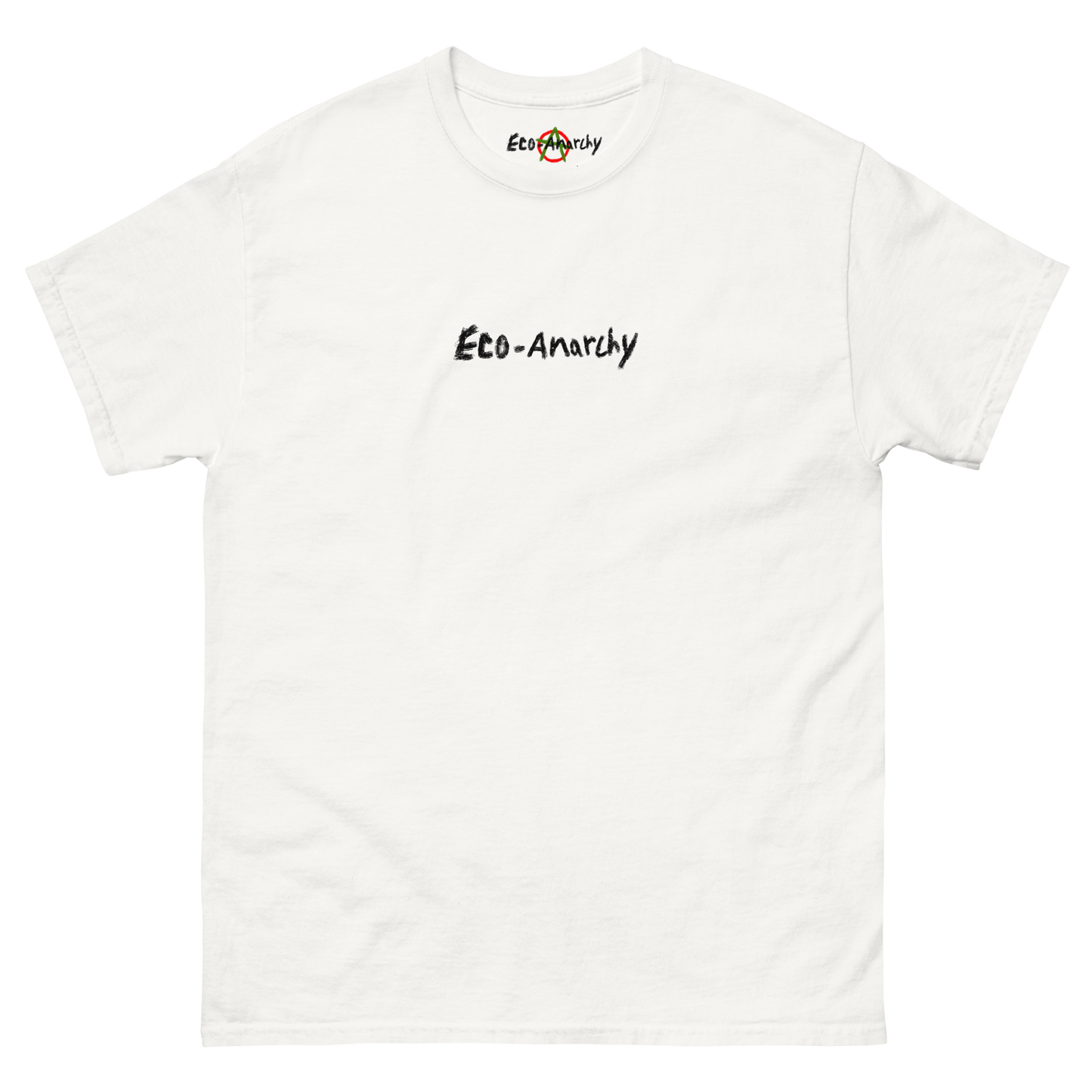 100% cotton nature-inspired white t-shirt that says eco-anarchy on the front