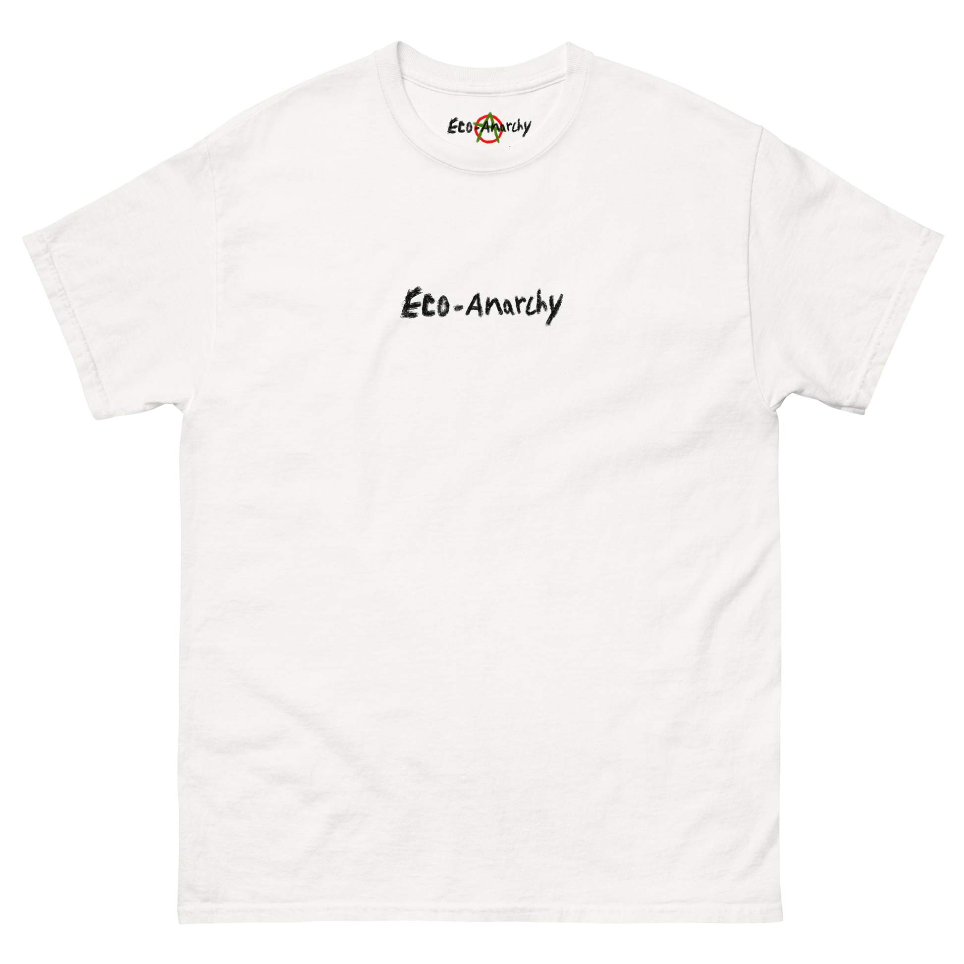 100% cotton nature-inspired white t-shirt that says eco-anarchy on the front