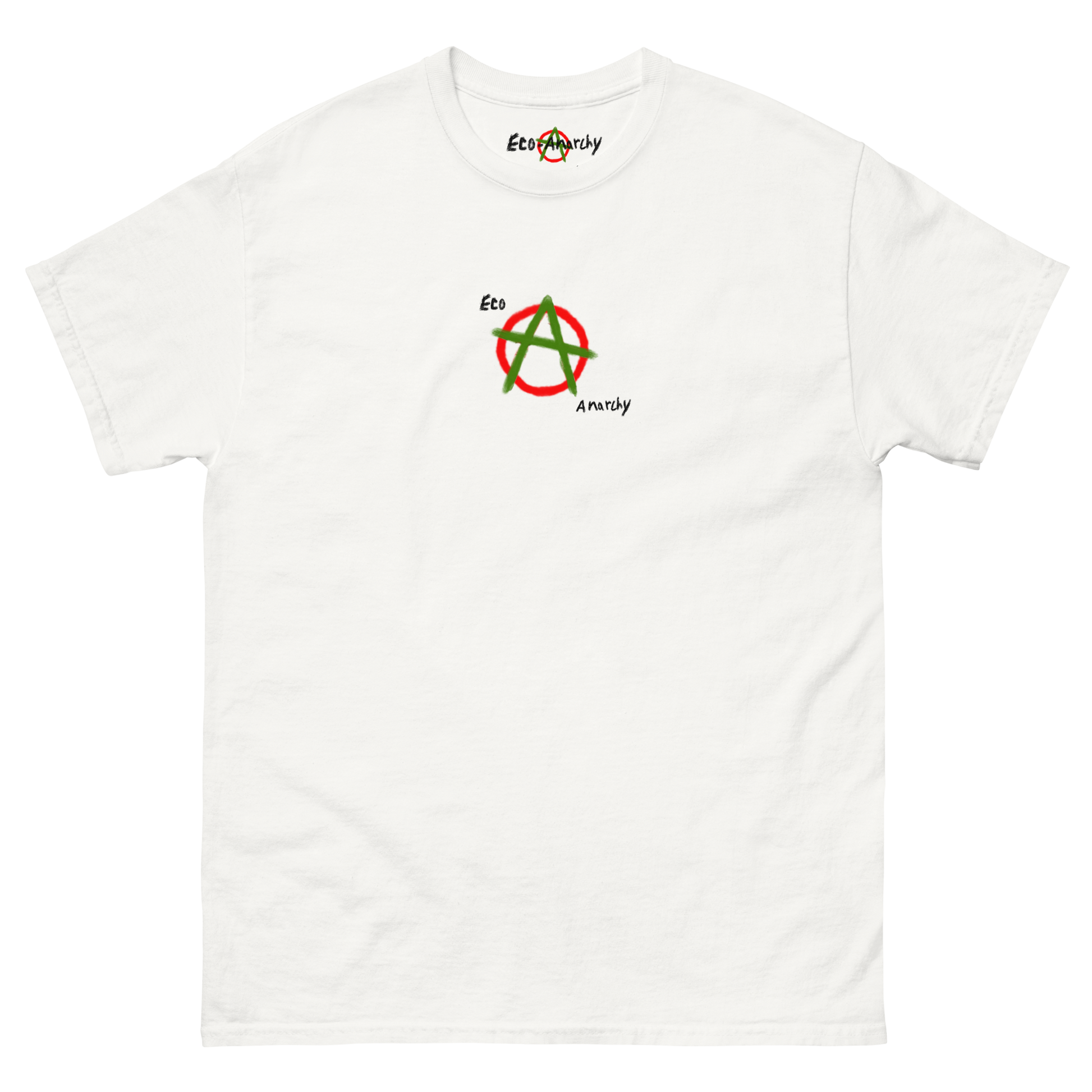 100% cotton nature-inspired white t-shirt with an anarchy symbol and the words eco anarchy on it