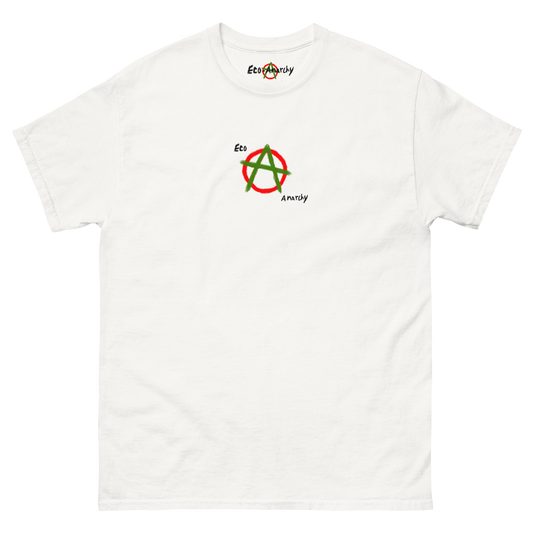 100% cotton nature-inspired white t-shirt with an anarchy symbol and the words eco anarchy on it