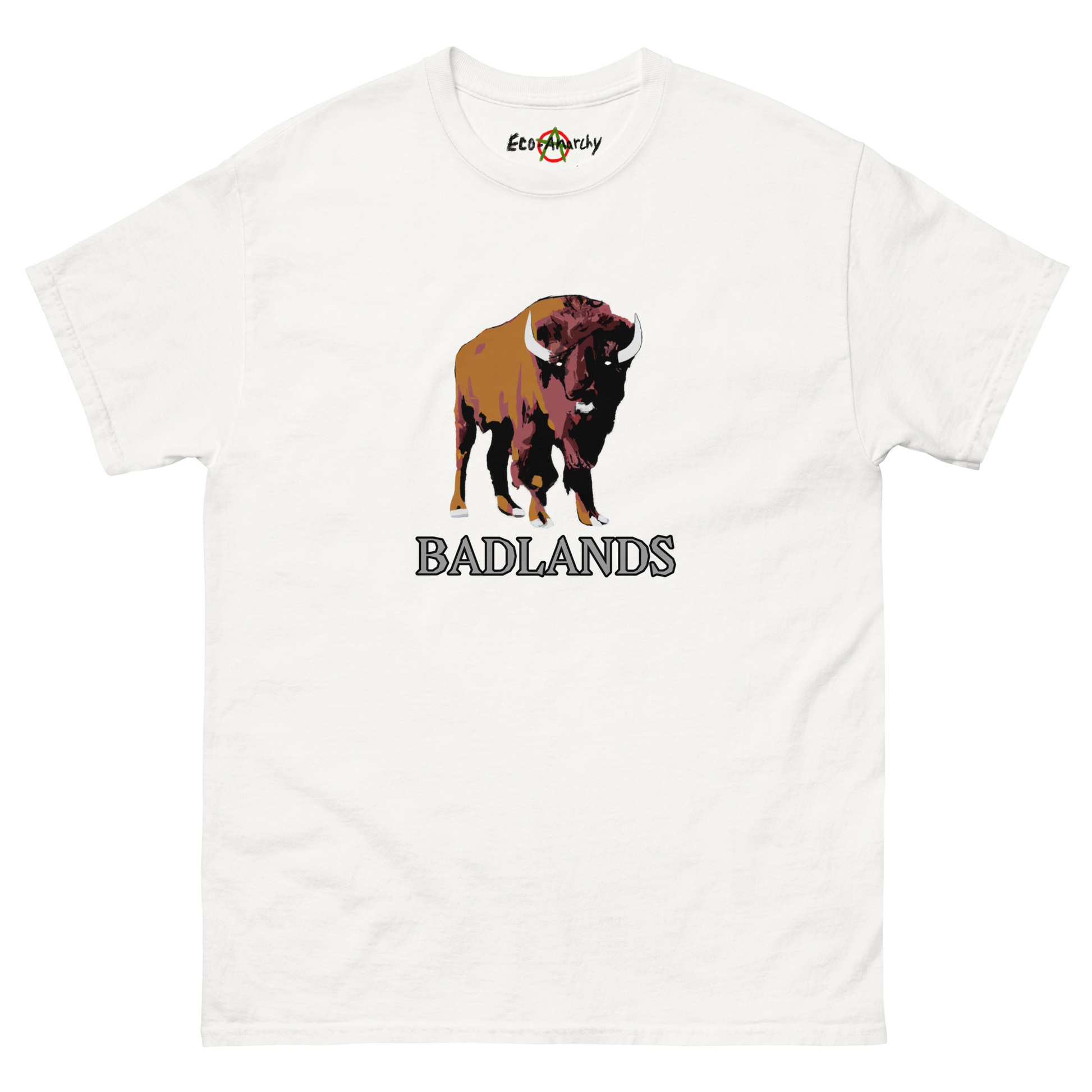 100% cotton nature-inspired white t-shirt that says Badlands on the front with an image of a buffalo