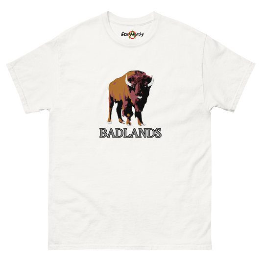 100% cotton nature-inspired white t-shirt that says Badlands on the front with an image of a buffalo