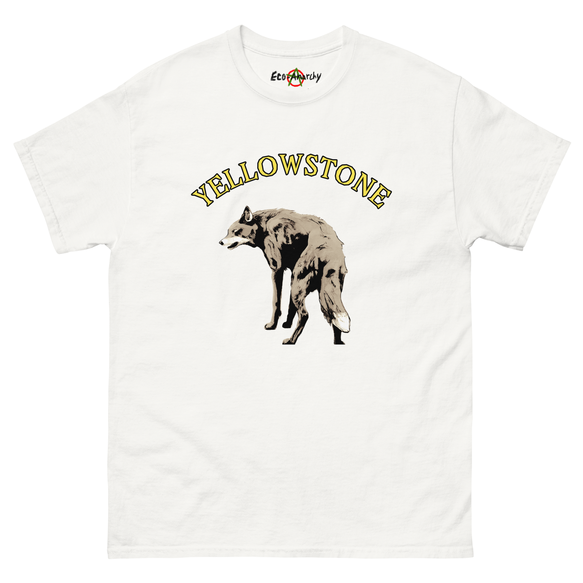 100% cotton nature-inspired white t-shirt that says Yellowstone on the front with an image of a wolf