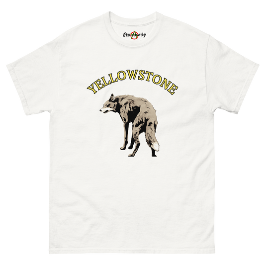 100% cotton nature-inspired white t-shirt that says Yellowstone on the front with an image of a wolf