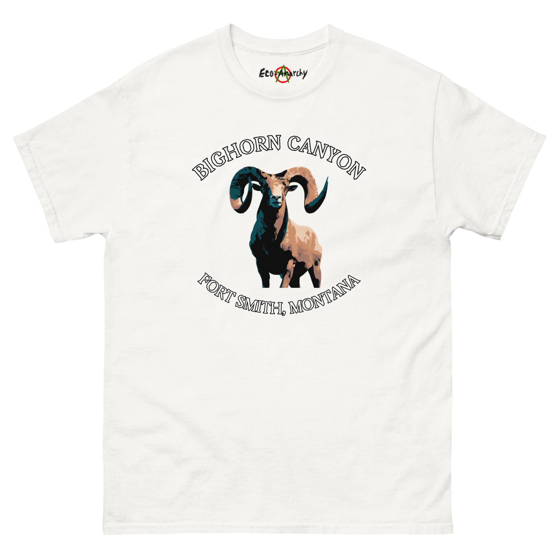 100% cotton nature-inspired white t-shirt that says Bighorn Canyon on the front with an image of a bighorn sheep