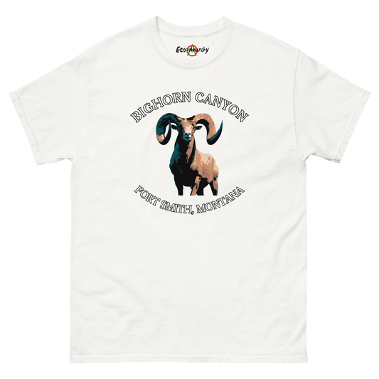 100% cotton nature-inspired white t-shirt that says Bighorn Canyon on the front with an image of a bighorn sheep