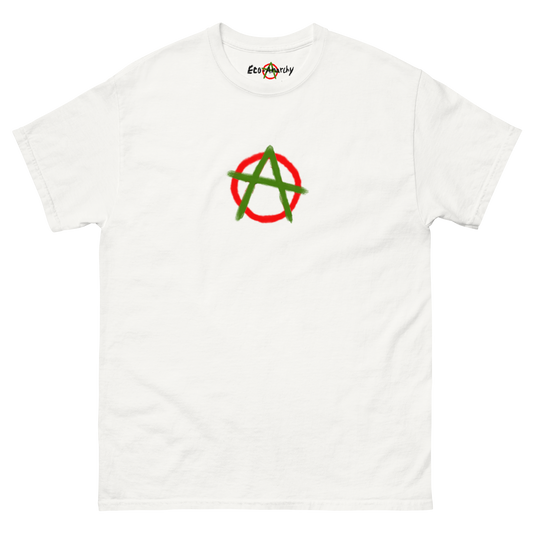 100% cotton nature-inspired white t-shirt featuring an anarchy symbol