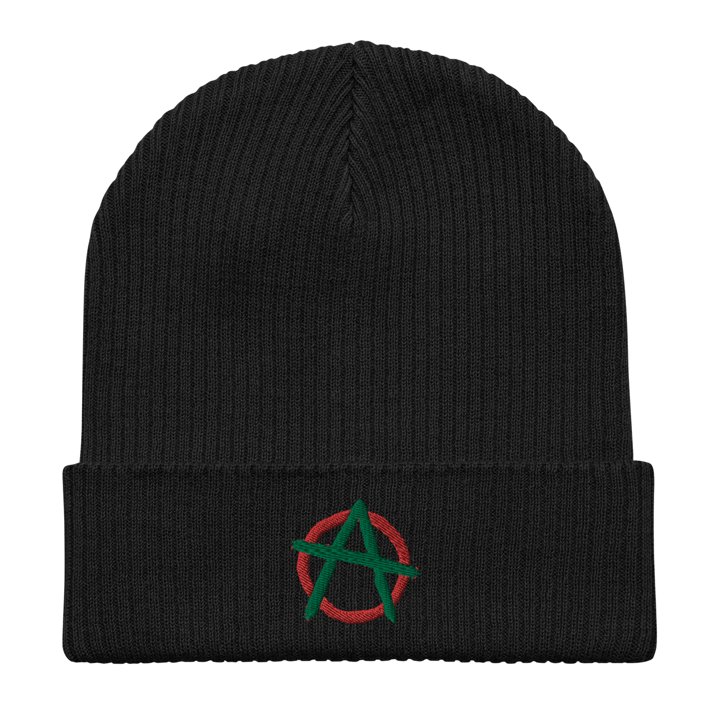 100% cotton black beanie with an anarchy logo on it