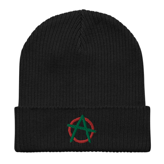 100% cotton black beanie with an anarchy logo on it